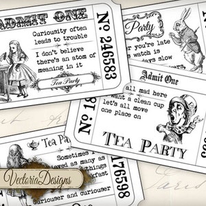 Alice In Wonderland Tickets, Tea Party Tickets, Alice Decoration, Tea Party Invitations, Tickets Digital, Paper Tickets Ephemera 000396