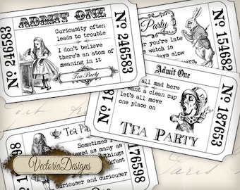 Alice In Wonderland Tickets, Tea Party Tickets, Alice Decoration, Tea Party Invitations, Tickets Digital, Paper Tickets Ephemera 000396