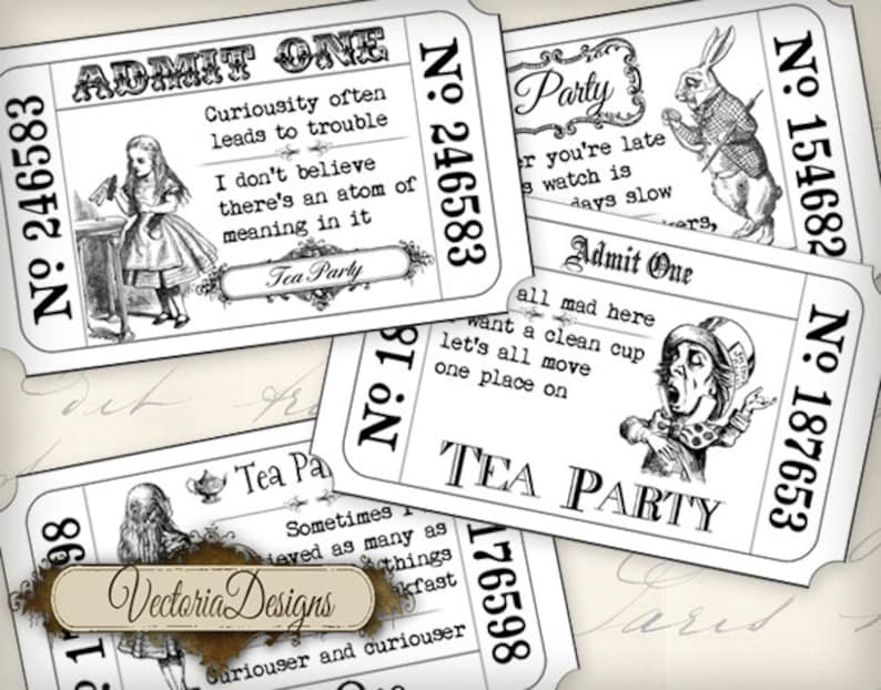 Alice In Wonderland Tickets, Tea Party Tickets, Alice Decoration, Tea Party Invitations, Tickets Digital, Paper Tickets Ephemera 000396 image 1