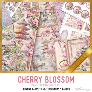 Cherry Blossom Junk Journal Kit Large DELUXE, Cherry Blossom Crafting Printables Kit Sakura Embellishments Printable Paper Craft Kit 003358