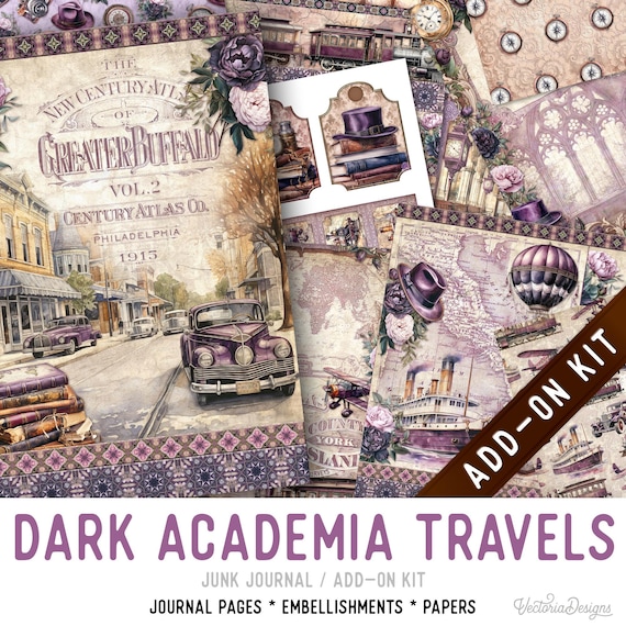Dark Academia Travels Junk Journal Kit ADD-ON, Printable Craft kit with Journal Pages, Embellishments and Papers - 003455