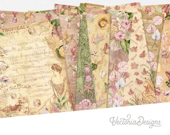 Flowers On The Beach Paper Pack, Printable Paper Pack, Cottagecore Scrapbook Paper, Digital Paper, Vintage Paper Pack, Retro Paper 002196