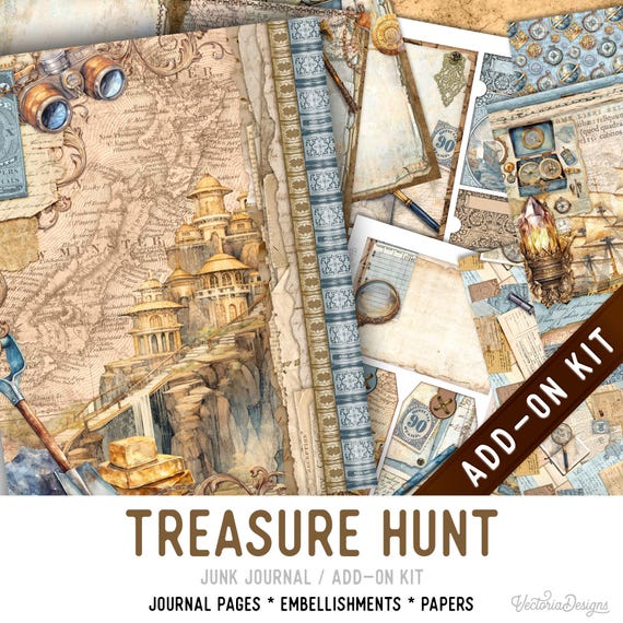 Treasure Hunt Junk Journal Add-On Kit, Printable Pages, Embellishments, Papers - 004012