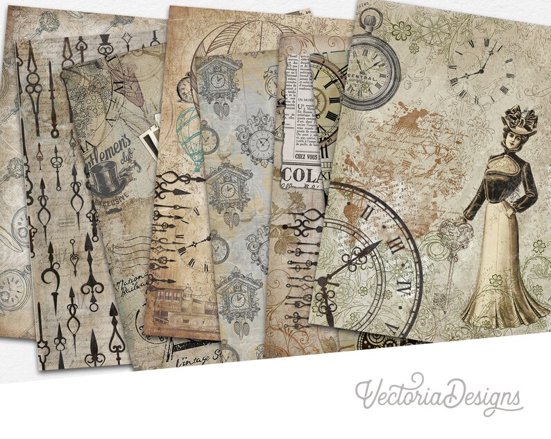 Puede incluir: Un paquete de papel digital con dise&ntilde;os de inspiraci&oacute;n vintage que incluyen relojes, llaves y otros elementos antiguos. Los papeles son en tonos marrones, beige y crema con un aspecto desgastado.