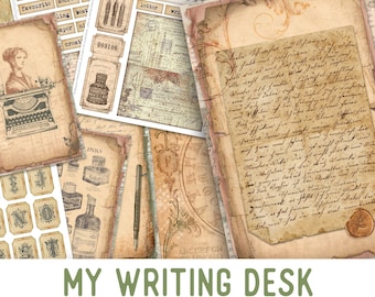 Writing Desk Junk journal Kit Writing Embellishments Writing Paper Printable Craft kits Writing Junk Journal Kit Printable Paper 002340