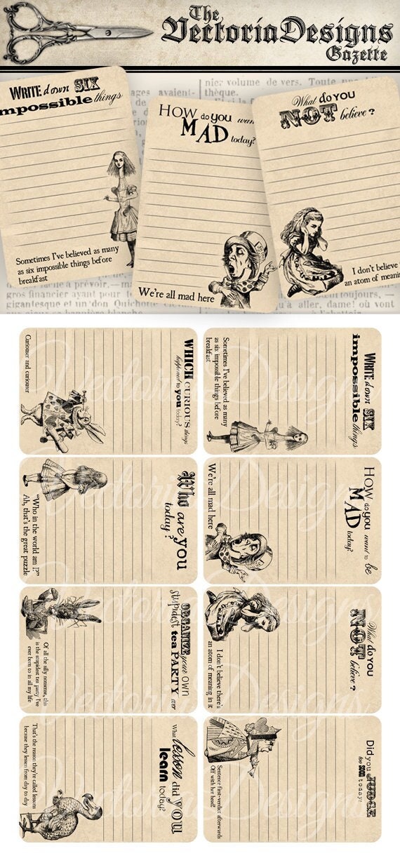 Printable Alice in Wonderland Journal Cards Shabby Elegant junk journal embellishments instant download digital Collage Sheet - 000392