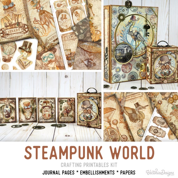Steampunk World Crafting Printables Kit, Steampunk Embellishments, Steampunk Journal Kit, Digital, Craft Kits, Printable Journal - 002333