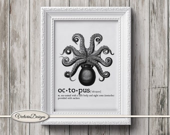 Octopus print printable art black and white print dictionary digital print printable instant download digital collage sheet - 000625