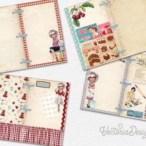 May include: A vintage-style cookbook with a red and white checkered border. The cover features a red and white cake, a woman in a red dress, and a woman in a blue dress. The pages are filled with recipes and illustrations.