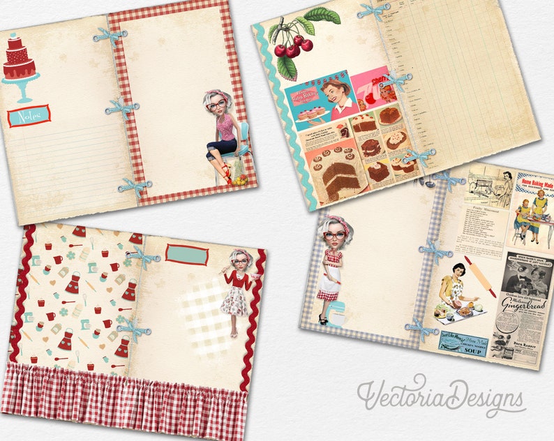 May include: A vintage-style cookbook with a red and white checkered border. The cover features a red and white cake, a woman in a red dress, and a woman in a blue dress. The pages are filled with recipes and illustrations.