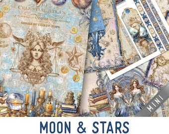 Moon & Stars Junk Journal Kit MINI, Zodiac Crafting Printables Kit Crafting Celestial Embellishments Printable Crafts Paper Craft 003652