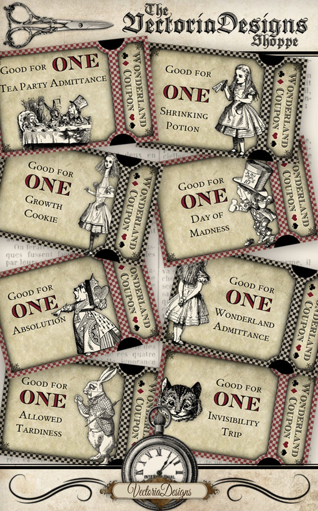 Alice in Wonderland Coupons Printable 001056 Etsy