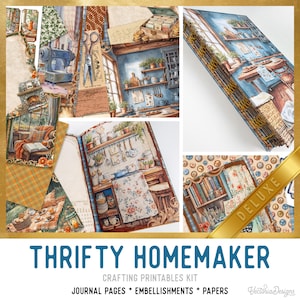 Könnte beinhalten: Eine Collage aus Aquarellillustrationen mit einer gemütlichen Küche, einer Nähmaschine und Journalseiten. Der Text "Thrifty Homemaker" ist zu sehen, zusammen mit "Crafting Printables Kit" und anderen Details. Die Bilder haben eine Vintage- und rustikale Ästhetik.