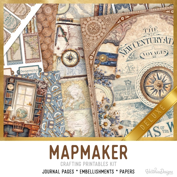 Mapmaker Junk Journal Kit DELUXE – Vintage Maps - Printable Pages, Papers and Embellishments for Crafting - 004037