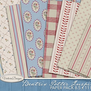 May include: A selection of patterned paper sheets with diverse designs. Patterns include stripes, floral bouquets, and plaid in blue, red, and cream. The text "Beatrix Potter Inspired PAPER PACK 8.5 X 11 INCH" is visible.