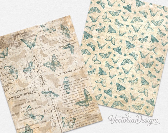 Shabby Vintage Butterflies Paper Pack, Digital Scrapbook Paper