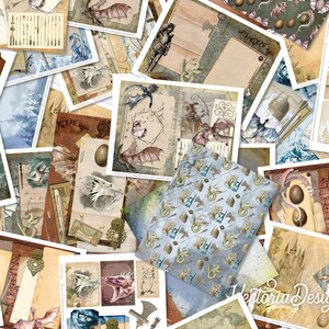 May include: A collection of digital papers featuring dragons, eggs, and other fantasy elements. The papers are in various shades of brown, blue, and green. The papers are perfect for scrapbooking, card making, and other paper crafts.