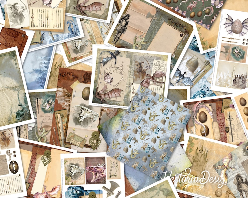 May include: A collection of digital papers featuring dragons, eggs, and other fantasy elements. The papers are in various shades of brown, blue, and green. The papers are perfect for scrapbooking, card making, and other paper crafts.