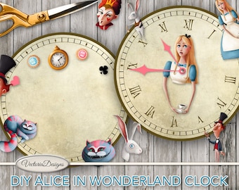 Alice in Wonderland DIY Clocks printable party decor paper crafting assembly kit digital download digital collage sheet S3I1 - 001633