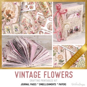 Vintage Flowers Large Junk Journal Kit DELUXE, Flowers Crafting Printables Kit Embellishments Printable Paper Craft Kit Tutorial - 003399