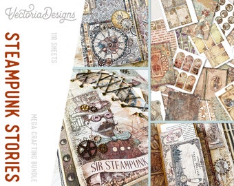 Steampunk Stories MEGA Crafting Bundle, Steampunk Printables, Printable Paper, Embellishments, Junk Journal, Craft Kits, Digital - 002470