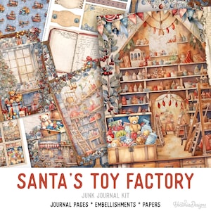 Santa's Toy Factory Junk Journal Kit, Christmas Junk Journal Kit Santa Embellishments Santa Junk Journal Papers Printable Craft kit - 003508