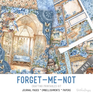 Forget-Me-not Junk Journal Kit MINI, Flower Crafting Printables Blue Flower Embellishments Printable Paper Vintage Junk Journal 003705