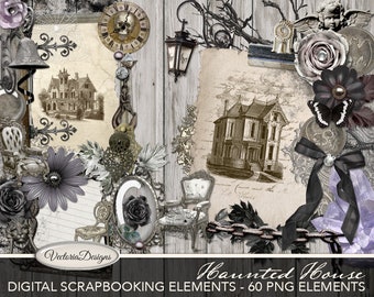 Haunted House Digital Scrapbooking Elements PNG Halloween Junk Journal paper crafting instant sheet digital download - 001781