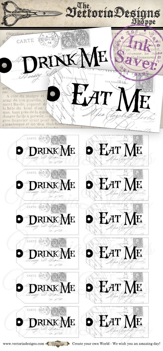 Drink Me Tags Eat Me Tags Eco Save Ink Instant Download | Etsy