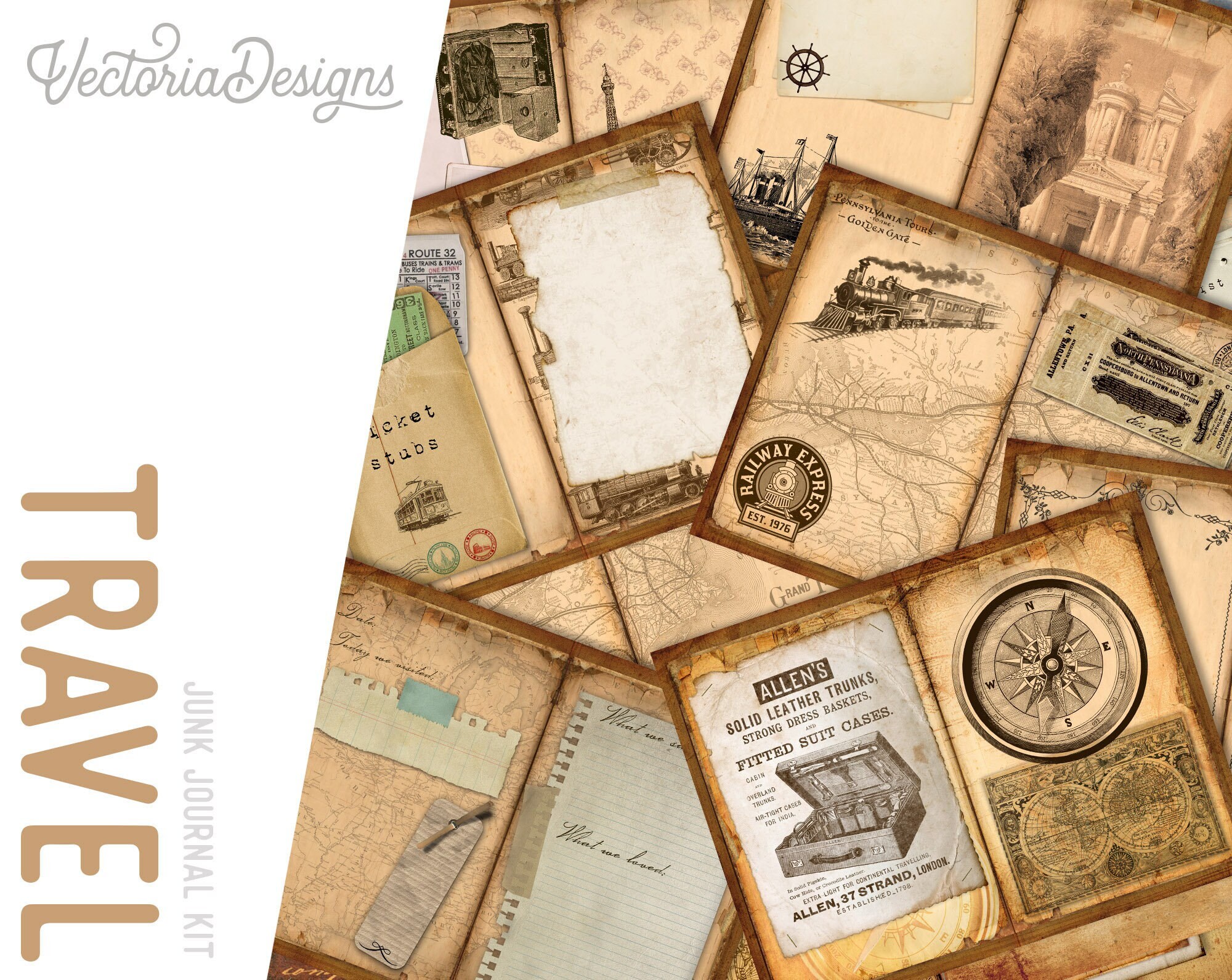 Travellers Pack Scrapbook Kit, Junk Journal Kit, Travel Journal Kit,  Steampunk Kit, Digital Journal Kit, Printable Journal Pages, DIY 000376