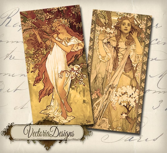 Art Nouveau Women 1 x 2 inch domino instant download printable  images digital collage sheet - 000011