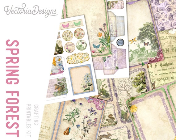 Spring Forest Junk Journal Kit - Printable Pages, Papers and Embellishments for Crafting - 002397