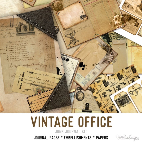 Kit di diario spazzatura per ufficio vintage, carta di cancelleria per ufficio, pagine di diario stampabili, kit di diario per ufficio digitale, kit di forniture per ufficio 002041