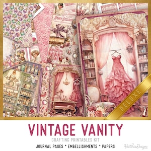 Puede incluir: Kit de imprimibles para manualidades Vintage Vanity en un esquema de color rosa y dorado. El kit incluye páginas de diario, adornos y papeles. La imagen presenta un tocador con un vestido rosa, botellas y otros artículos decorativos.