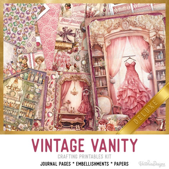 Vintage Vanity Junk Journal Kit DELUXE - Printable Pages, Papers and Embellishments for Crafting - 003690