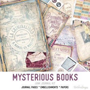 Mysterious Books Junk Journal Kit, Printable Embellishments, Reading Junk Journal Kit,  Book Craft kits, Printable Junk Journal Kit - 002486