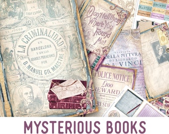 Mysterious Books Junk Journal Kit, Printable Embellishments, Reading Junk Journal Kit,  Book Craft kits, Printable Junk Journal Kit - 002486