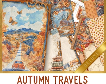 Autumn Travels Junk Journal Kit DELUXE, Autumn Crafting Printables Autumn Travel Embellishments Paper Autumn Junk Journal 003857