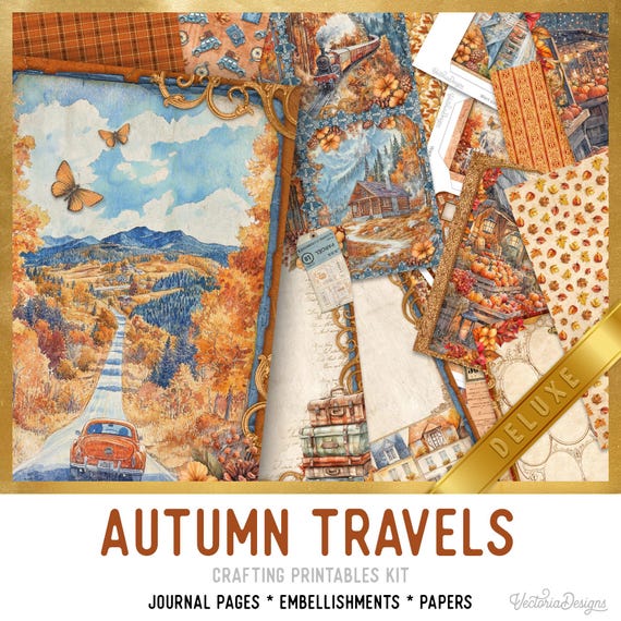 Autumn Travels Junk Journal Kit DELUXE - Printable Pages, Papers and Embellishments for Crafting - 003857