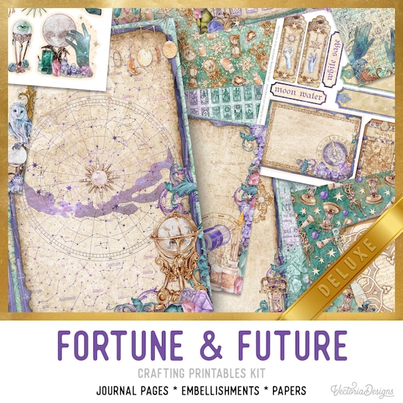Fortune & Future Junk Journal Kit DELUXE - Printable Pages, Papers and Embellishments for Crafting - 002907