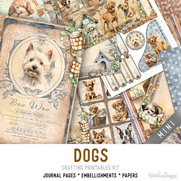 Dogs Junk Journal Kit MINI, Cute Dogs Crafting Printables Kit Dogs Embellishments Dogs Printable Paper Craft Kits Dog Junk Journal 003147