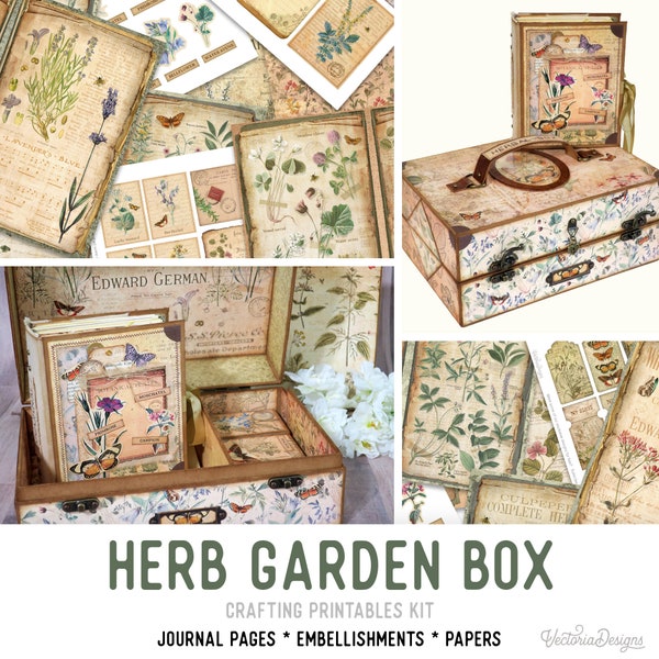 Boîte de jardin d’herbes aromatiques, kit imprimable d’artisanat, imprimables de style vintage, embellissements en papier, fournitures de scrapbooking, téléchargement instantané, 002294