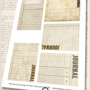 May include: Five vintage journal pages with a grid pattern and the word "JOURNAL" printed in brown on each page. The pages are on a background of old newspaper text. A pocket watch with Roman numerals is in the lower right corner.