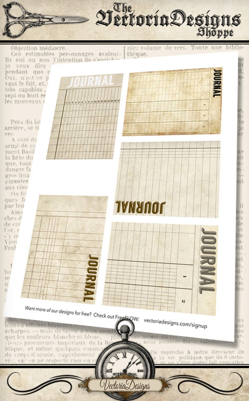 May include: Five vintage journal pages with a grid pattern and the word "JOURNAL" printed in brown on each page. The pages are on a background of old newspaper text. A pocket watch with Roman numerals is in the lower right corner.