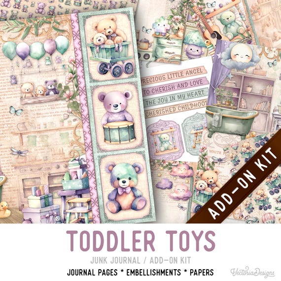Toddler Toys Junk Journal Kit, Printable Pages Embellishments Papers (Add-On Kit) - 003484