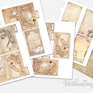 May include: Printable digital paper pack with vintage style designs featuring keys, envelopes, a compass, a watch, and a quill pen. The paper is beige with brown accents and a distressed look.