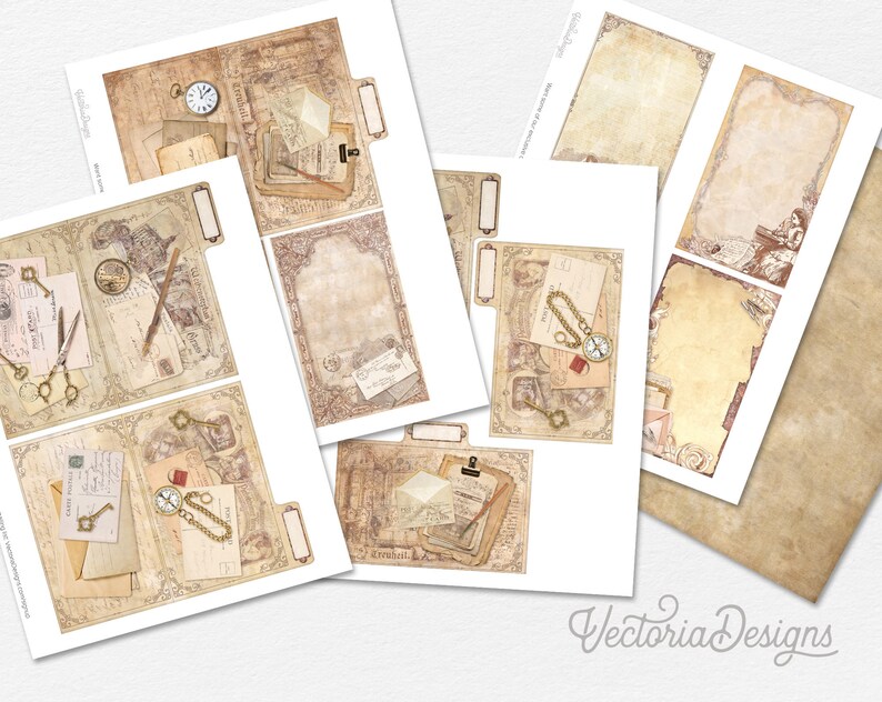 May include: Printable digital paper pack with vintage style designs featuring keys, envelopes, a compass, a watch, and a quill pen. The paper is beige with brown accents and a distressed look.