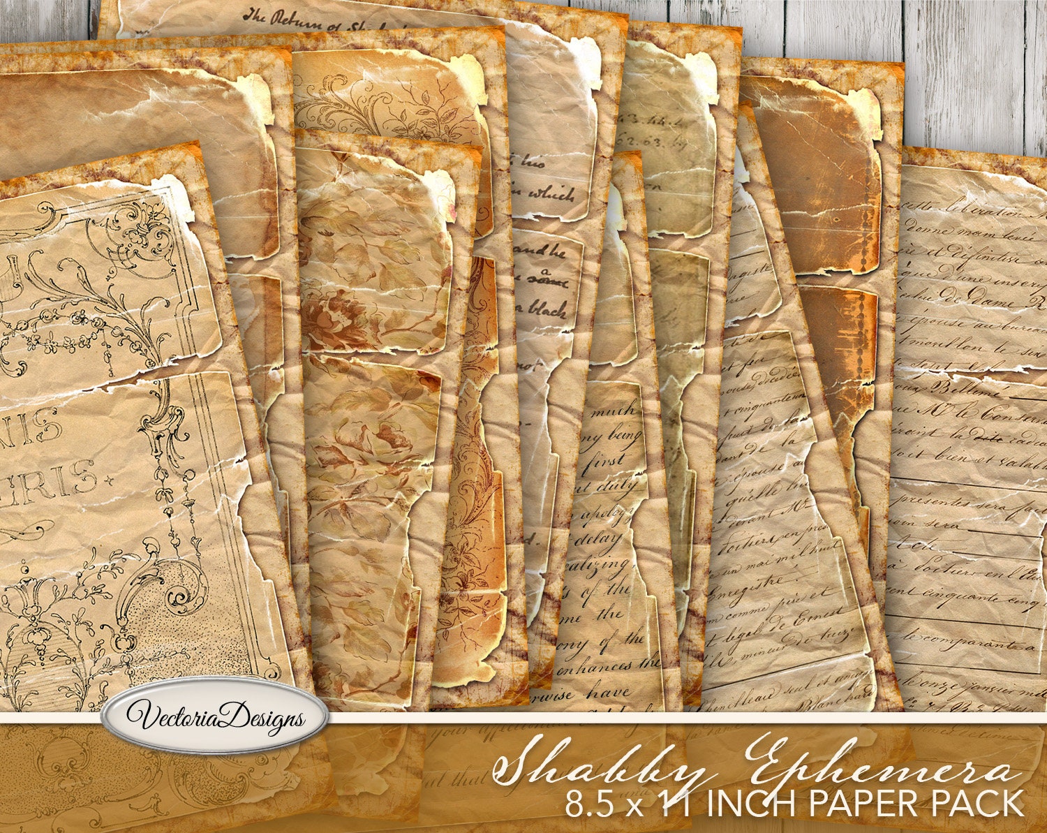 Shabby ephemera paper 8 5 x 11 inch paper pack digital paper 