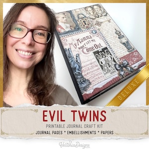 Puede incluir: Un diario rectangular con una portada de collage que incluye el texto My Mamma won't let me come out, una ilustración de carta de tarot Géminis, una mano enguantada, un candado y escritura vintage. Una banda dorada con DELUXE está adherida.