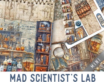 Mad Scientist Junk Journal Kit MINI, Halloween Crafting Printables Mad Scientist Embellishments Paper Halloween Junk Journal 003846